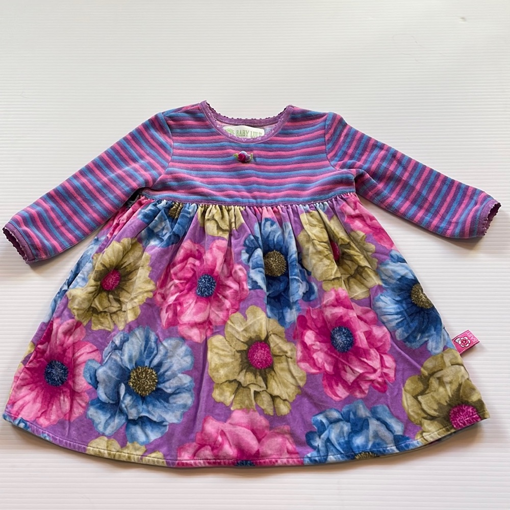 Baby Lulu super soft pink, purple & blue striped & floral dress, size 18 months